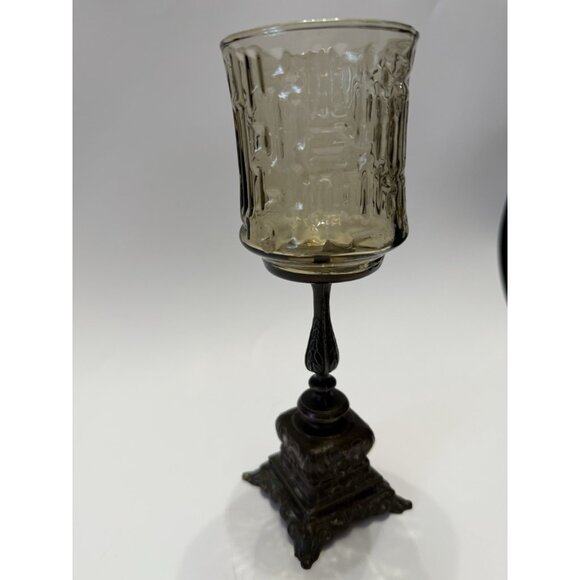 Smoke Tree Bark Brass & Glass Candle Holder Chalice 8 inch Tall 2 5/8 Rim to Rim - Picture 8 of 9